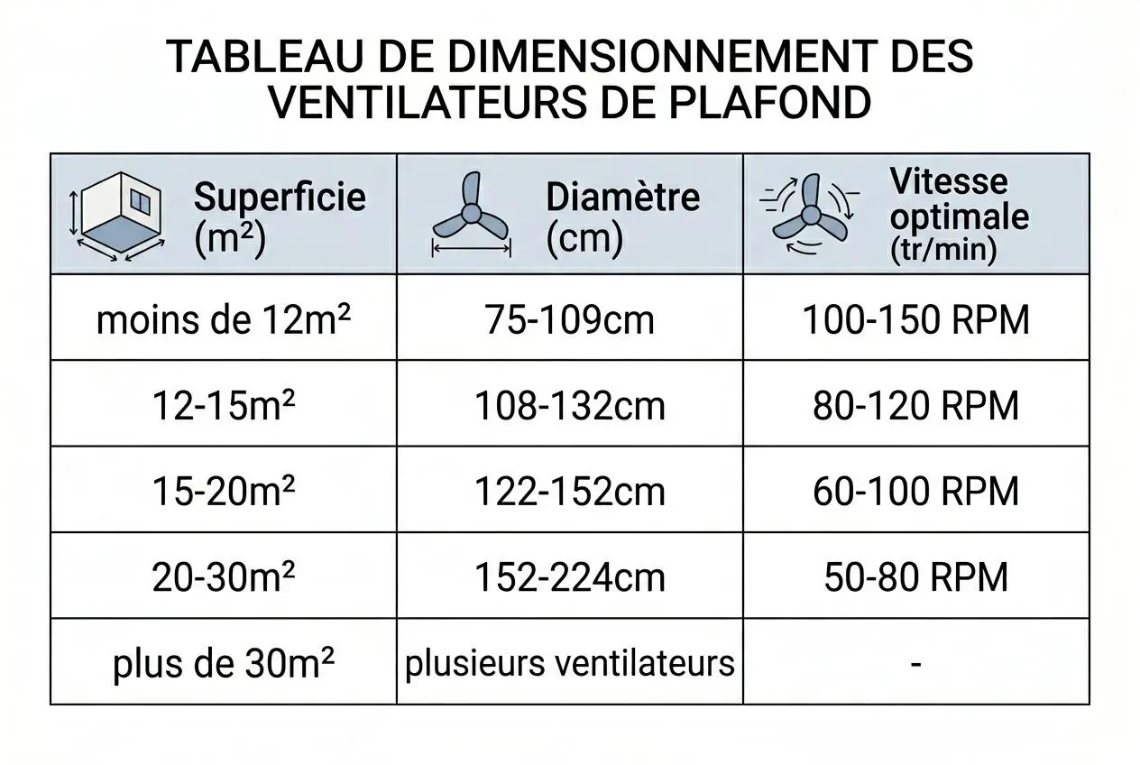 Tableau de dimensionnement des ventilateurs de plafond affichant surface, diamètre et vitesse optimale en RPM.