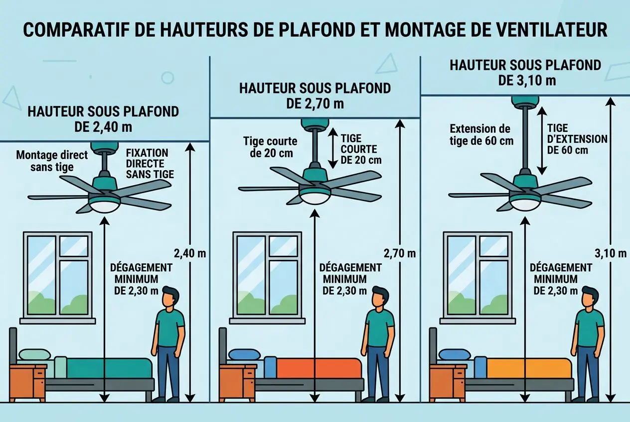 Comparatif de hauteurs de plafond et montage de ventilateur: détails par niveau, avec dégägement et hauteur sous plafond 2,4 m à 3,1 m. intégration du contexte: comment dimensionner un destratificateur d'air.