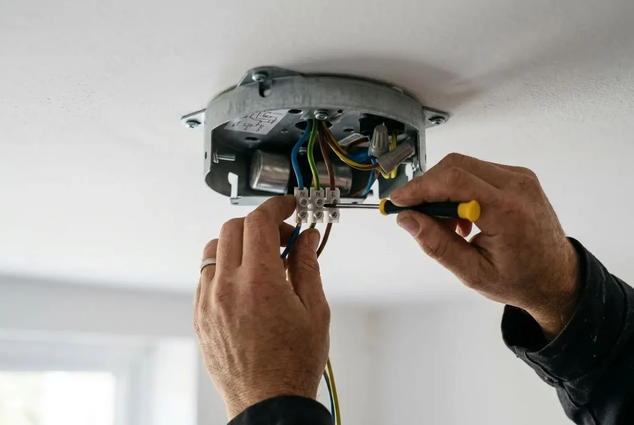 Installation électrique d’un ventilateur de plafond : vérification des fils et connections. Montré, un électricien ajuste les fils et tourne un tournevis. Erreurs de câblage d'un ventilateur de plafond à éviter.