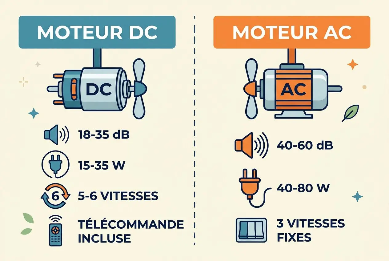 Comment choisir un destratificateur d'air : illustration montrant moteur DC et moteur AC, niveaux de bruit et puissance, télécommande incluse et vitesses fixes.