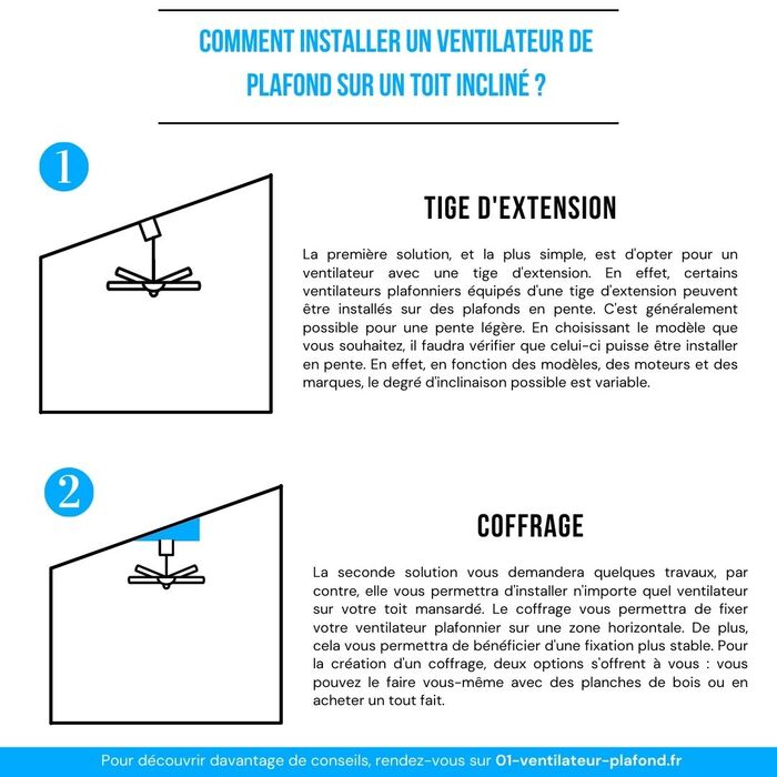 Comment installer un ventilateur de plafond en pente avec un destratificateur soi même sur un toit incline, étape d’installation et coffrage.