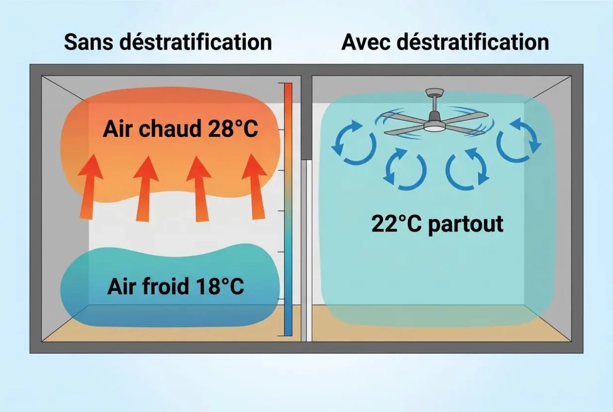Sans déstratification. Air chaud s’accumule en hauteur et l’air froid reste en bas. Avec déstratification, circulation uniforme à 22°C partout sous le plafond et sur l’ensemble de la pièce.