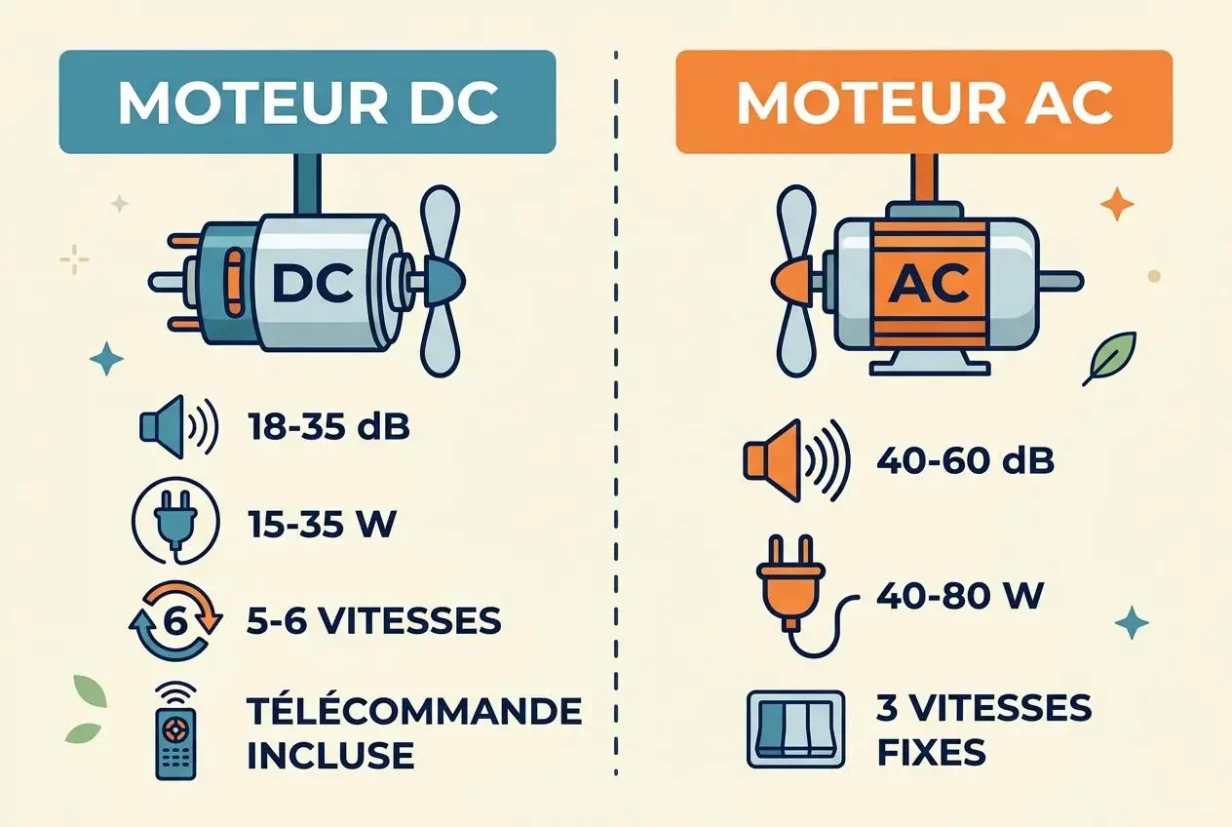 Ventilateur plafond consommation électrique : comparaison DC et AC avec valeurs 15–35 W (DC) et 40–80 W (AC), bruit 18–60 dB vs 40–60 dB, 5–6 vitesses (DC) et 3 vitesses fixes (AC), télécommande incluse.