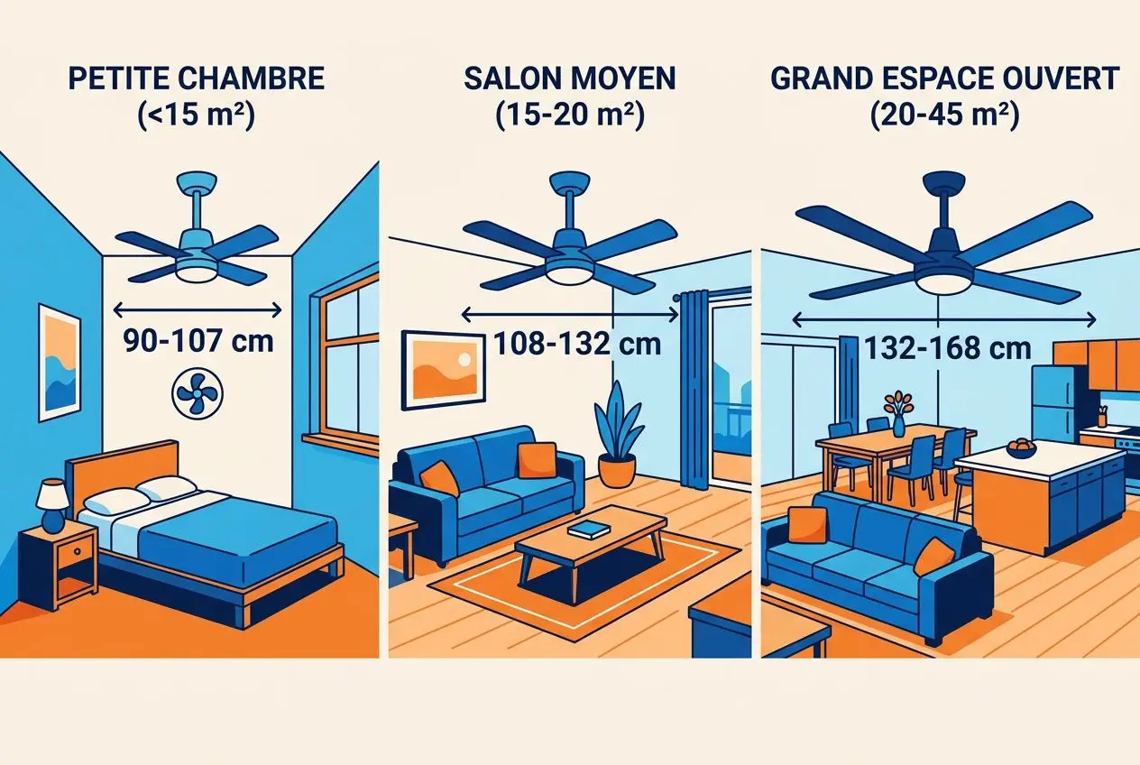 Comment choisir un ventilateur de plafond efficace : illustration montrant trois tailles de pièces et conseils de diamètre (90–107 cm, 108–132 cm, 132–168 cm) selon surface.