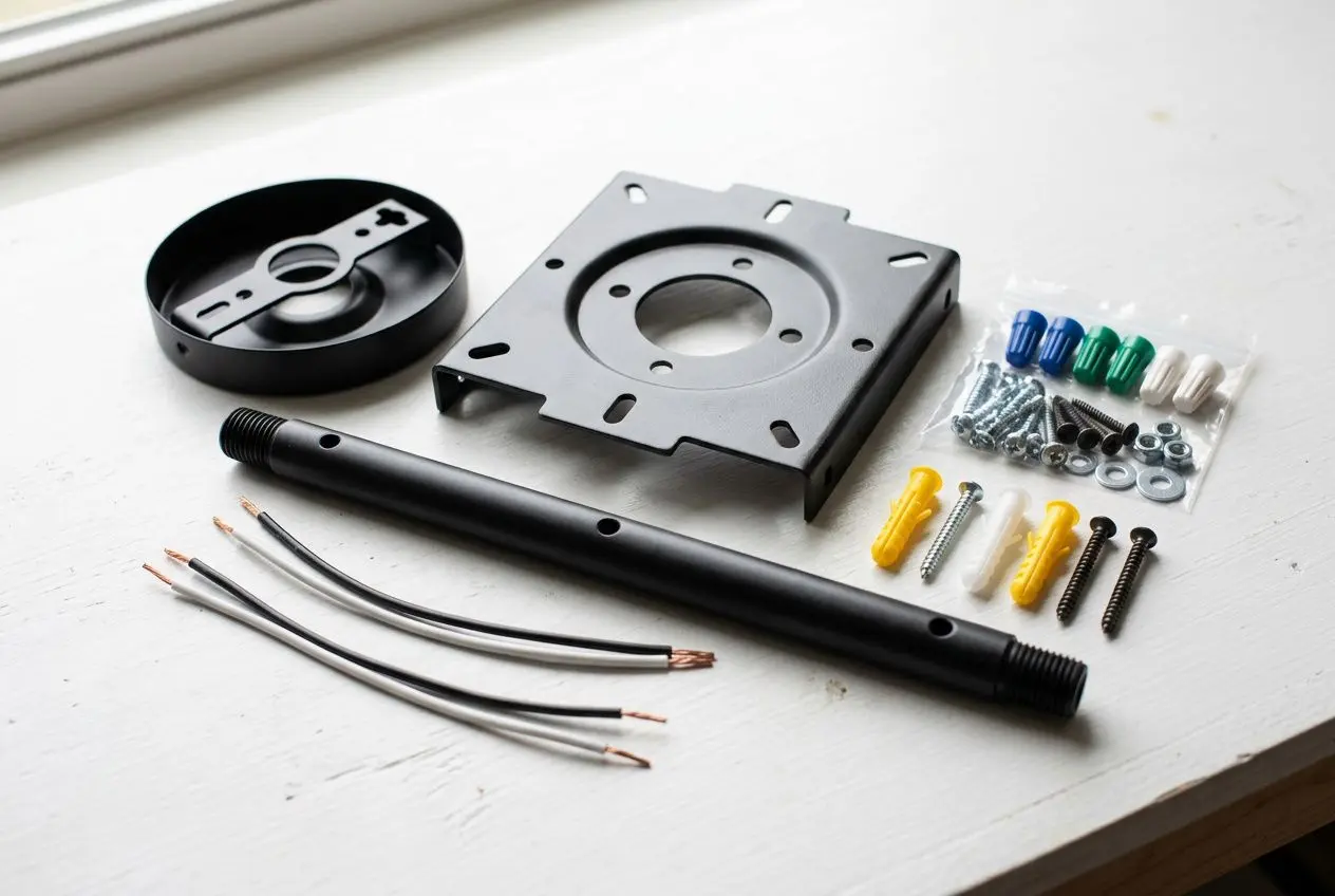 Pièces et accessoires d’un kit de montage pour ventilateur de plafond, prêts à être assemblés.