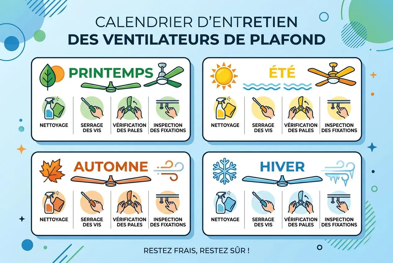 Pourquoi ventilateur de plafond bruyant : vis desserrées, pales déséquilibrées et vérifications d’installation visibles sur une infographie planifiée par saison.