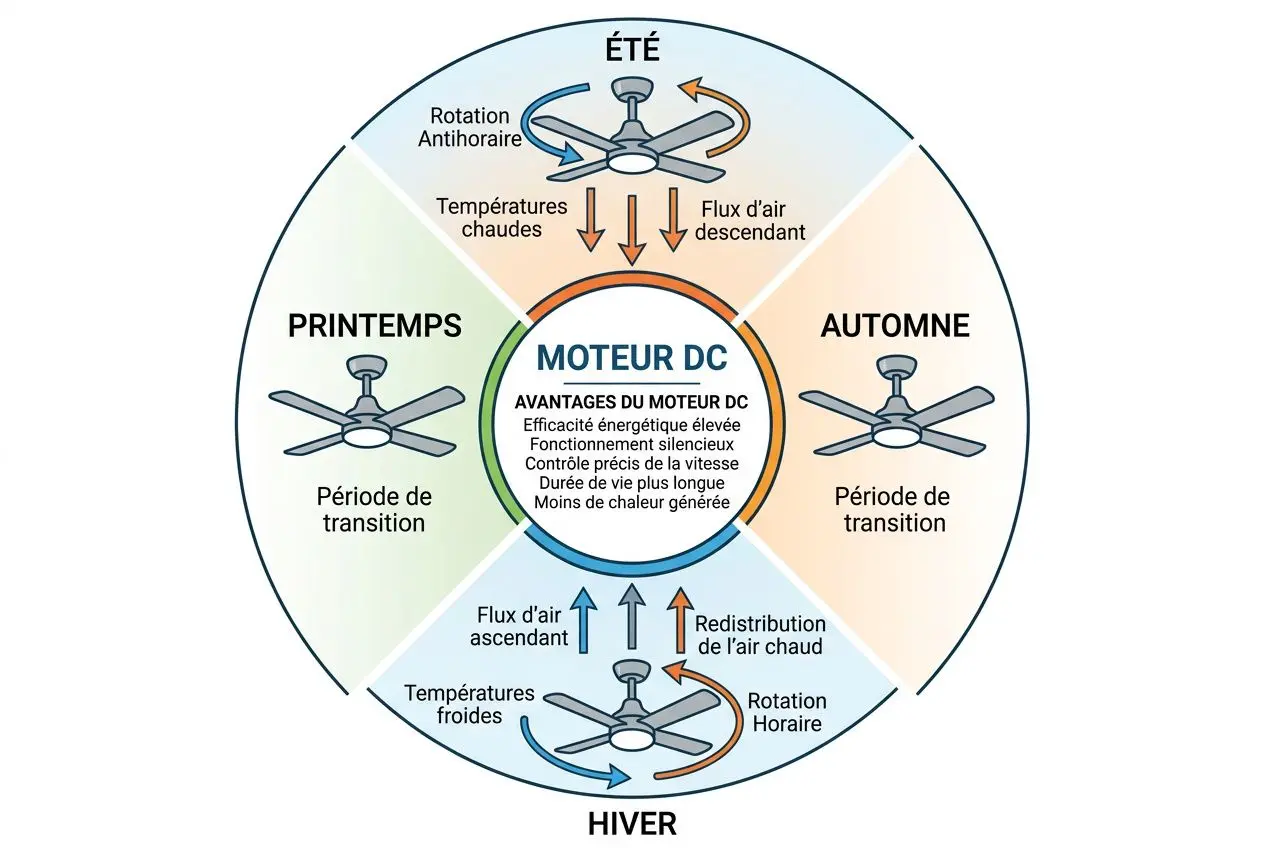 Ventilateur plafond été hiver utilisation: schéma circulaire expliquant rotation et flux d’air selon les saisons, avec MOTEUR DC au centre et paramètres printemps, été, automne, hiver.