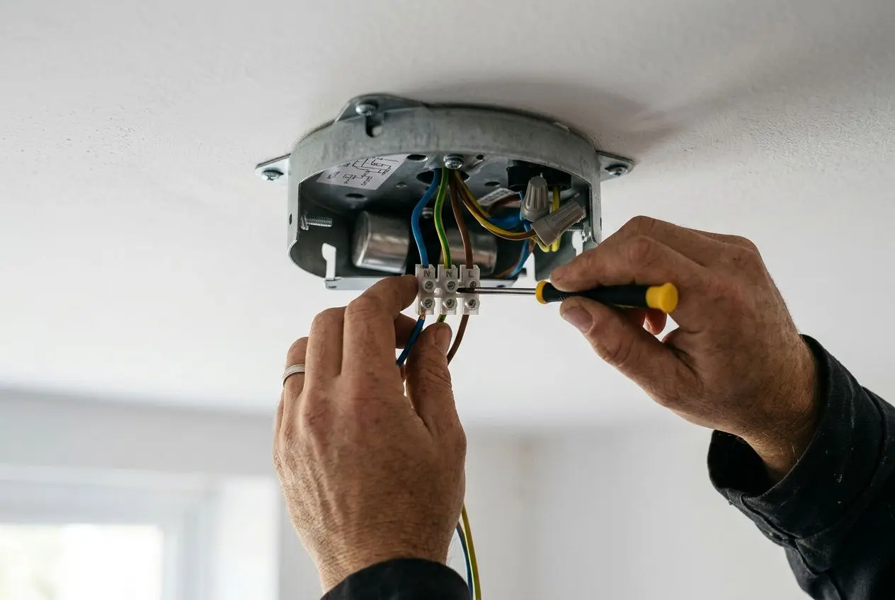 Branchement ventilateur plafond 3 fils : personnes raccordant fils phase, neutre et terre dans une boîte-ceinture, outil et câbles visibles.