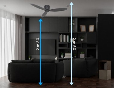 Bruit de déstratificateur détecté dans un salon moderne, hauteur 2,<=m 2,50 m et 2,50 m du plafond, ventilateur au plafond, living noir lumineux. bruit destratificateur problème solution est évoqué par le contexte.