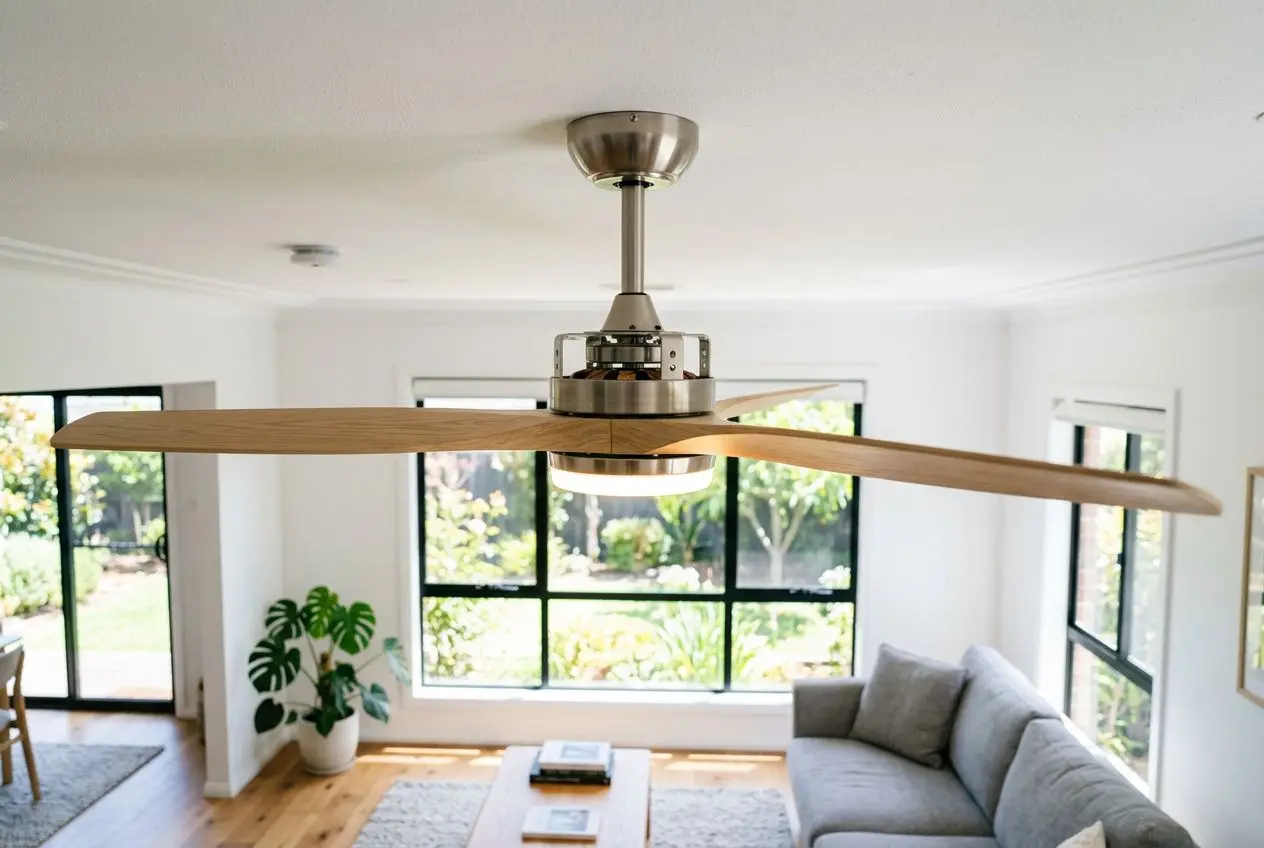 Déstratificateur thermique de plafond, ventilateur moderne dans un salon lumineux, bois et acier, cheminée naturelle, lumière naturelle. Chauffage hiver destratificateur thermique.