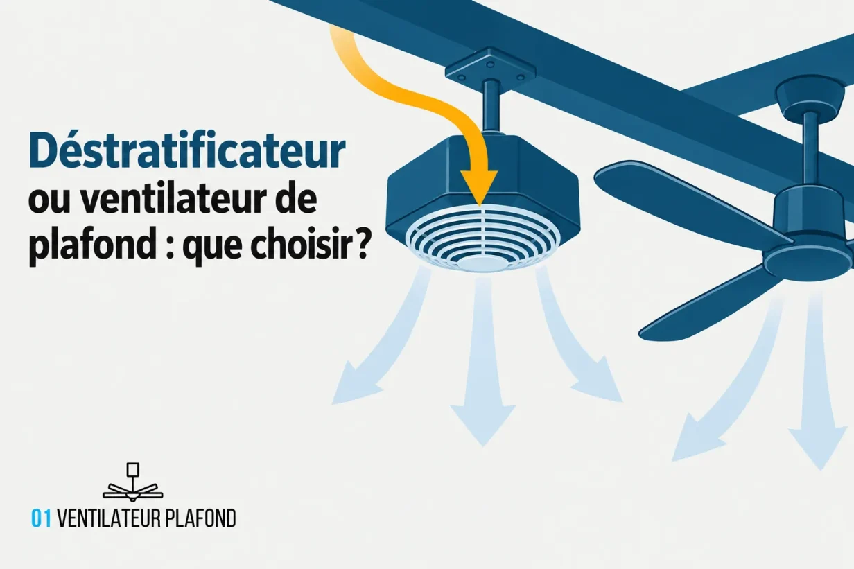 Destratificateur ou ventilateur de plafond affichant un dispositif de circulation de l’air au plafond avec des bras et des