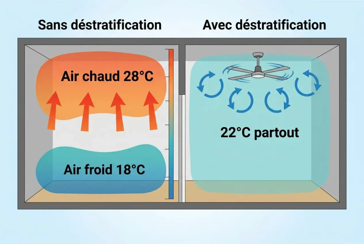 Sans déstratification : air chaud 28°C au plafond et air froid 18°C au bas, dans une pièce basse/montre les flux verticaux. Avec déstratification : air ambient 22°C uniforme grâce au déstratificateur thermique, circulation descendante montrée par les flèches.