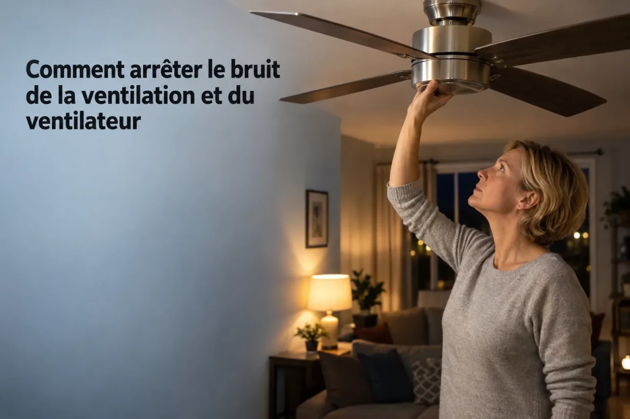 Une femme ajuste une lampe au plafond d’un ventilateur, dans un salon éclairé.