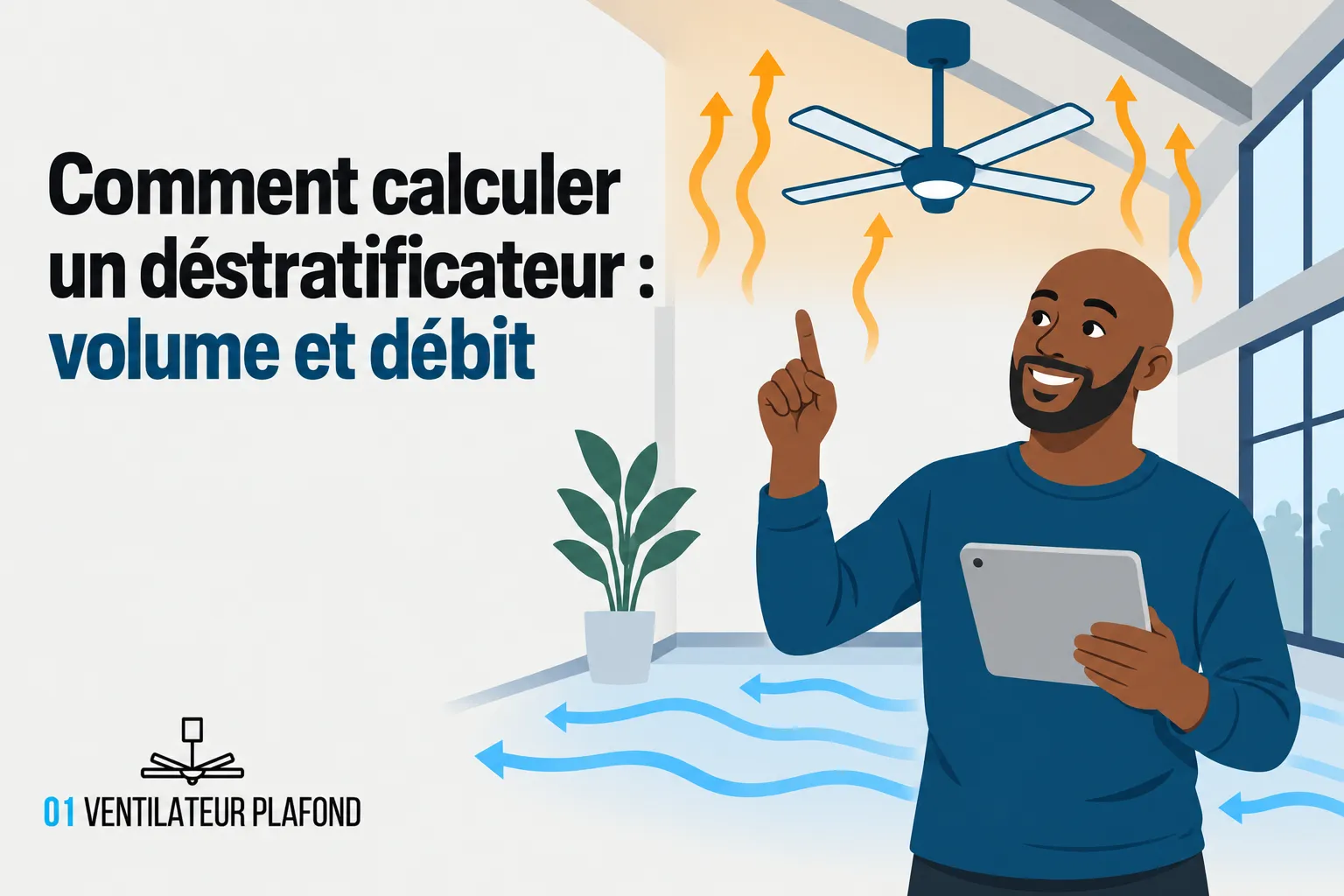 Un homme souriant tient une tablette et pointe du doigt, avec des flèches d’air chaud montant au plafond et des vagues d’air
