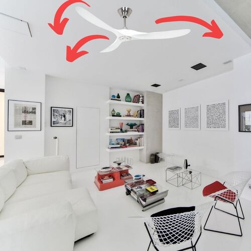 Un plafond blanc avec un ventilateur suspendu et des flèches rouges indiquant son mouvement dans un salon moderne.