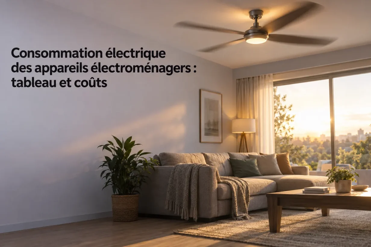Salon lumineux avec canapé et table basse, texte "Consommation électrique des appareils électroménagers : tableau et coûts" affiché sur le mur.