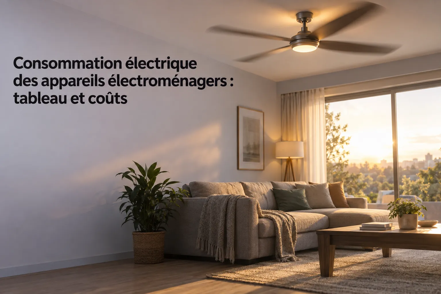 Salon lumineux avec canapé et table basse, texte "Consommation électrique des appareils électroménagers : tableau et coûts" affiché sur le mur.