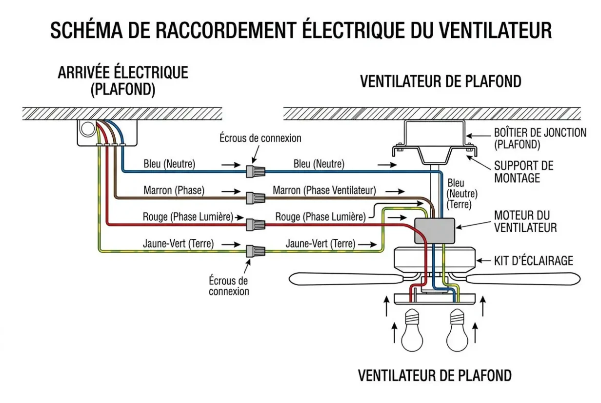 Schéma de raccordement électrique du ventilateur de plafond montrant les fils: neutre bleu, phase marron, terre jaune-vert, avec boîtier de jonction et kit d’éclairage. Branchement ventilateur plafond 3 fils.