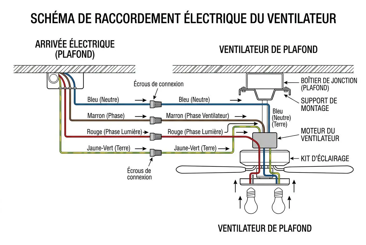 Schéma de raccordement électrique du ventilateur de plafond montrant les fils: neutre bleu, phase marron, terre jaune-vert, avec boîtier de jonction et kit d’éclairage. Branchement ventilateur plafond 3 fils.