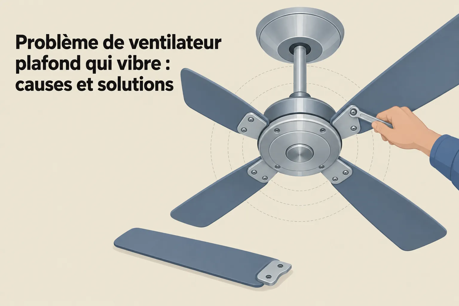 Ventilateur plafond en démontage avec pales détachées et outil de tournevis, illustrant le « problème ventilateur plafond qui vibre » et les causes possibles.